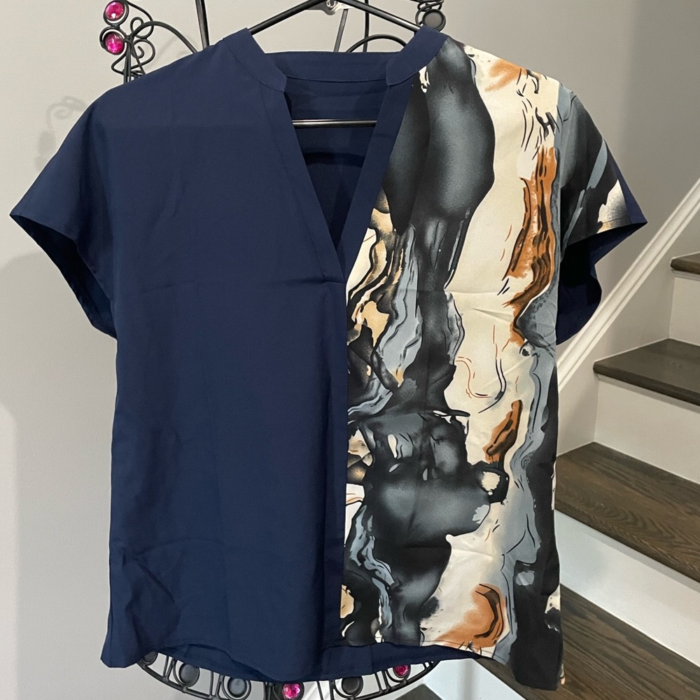 Shein Woman’s short sleeve shirt blouse navy blue size medium